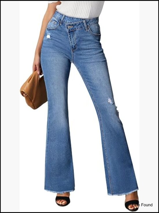 Denim - High Waisted Bell Bottom Flare Jeans Stretchy Ripped Distressed Raw Hem Pockets